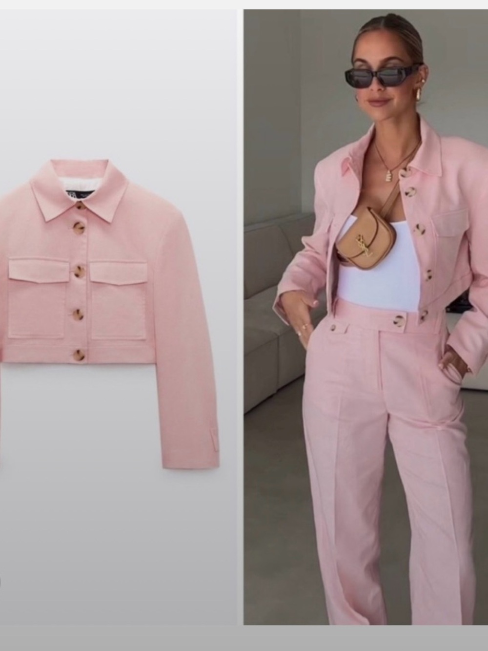 Zara  two piece set Light Pink Cropped Button Jacket and Pants